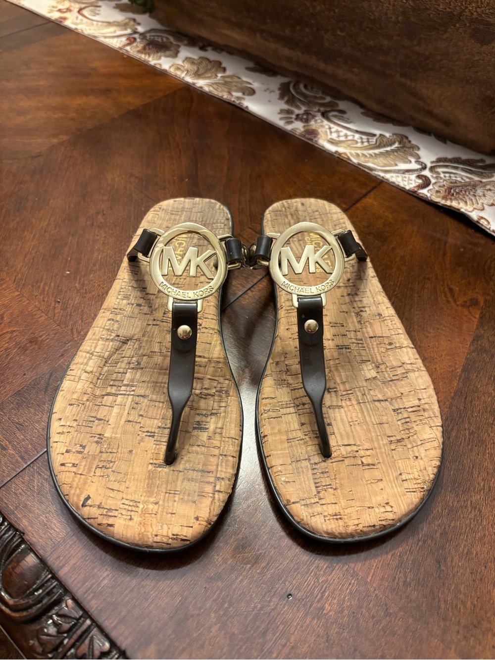 Michael Kors Women’s Brown Leather Thong Sandals with Gold MK Emblem